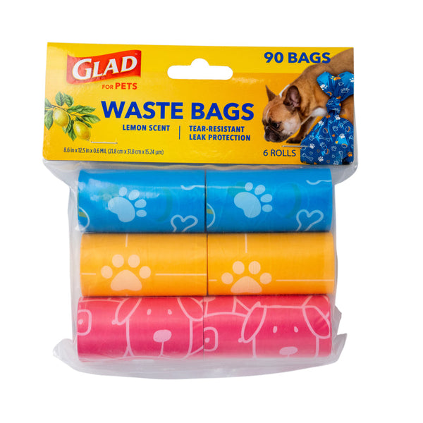 Glad for Pets Scented Waste Bags Refill Rolls, 6 rolls/90 Bags - Mixed Colors